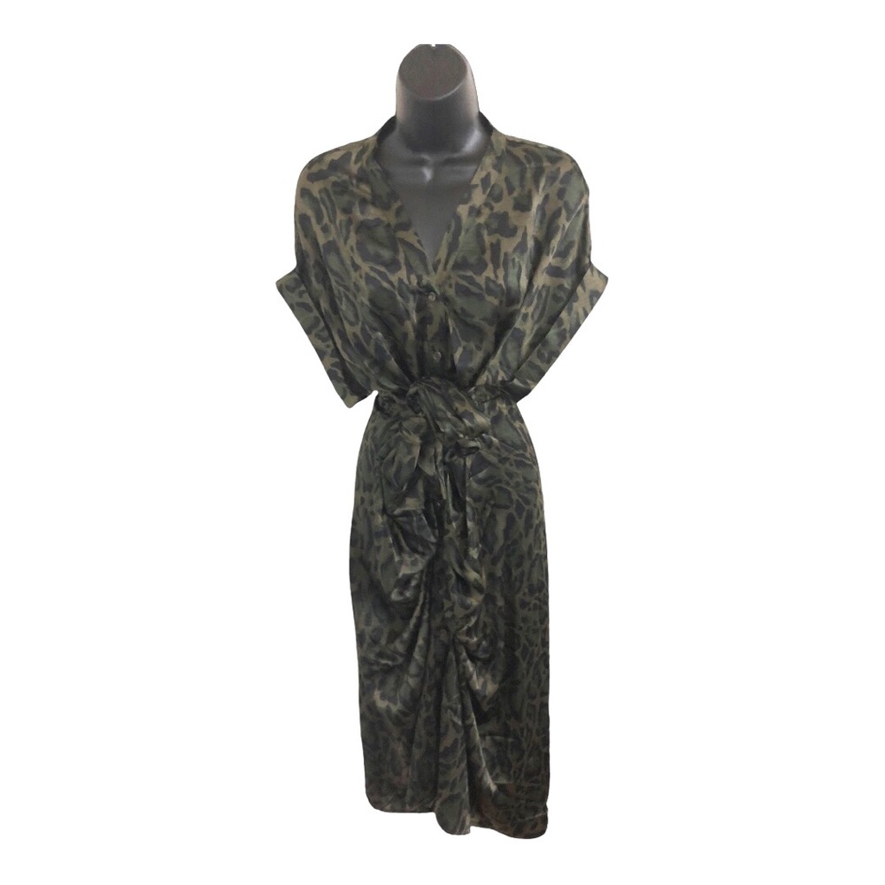 Steve Madden TORI Tony camo green satin look belted button front shirtdress szL - Picture 7 of 17